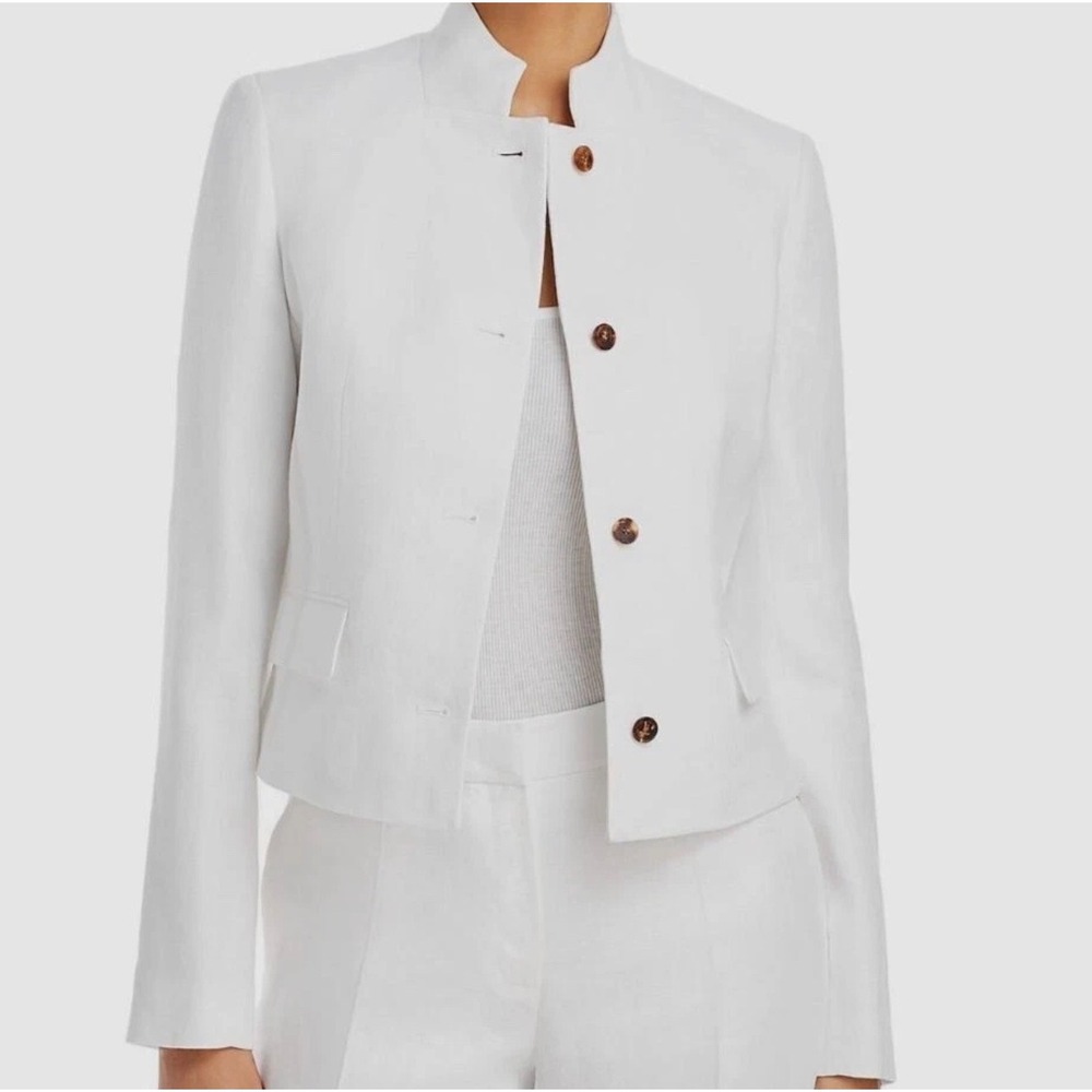 Lafayette 148 New York White 100% Linen Stand Collar‎ Blazer Jacket Button Front